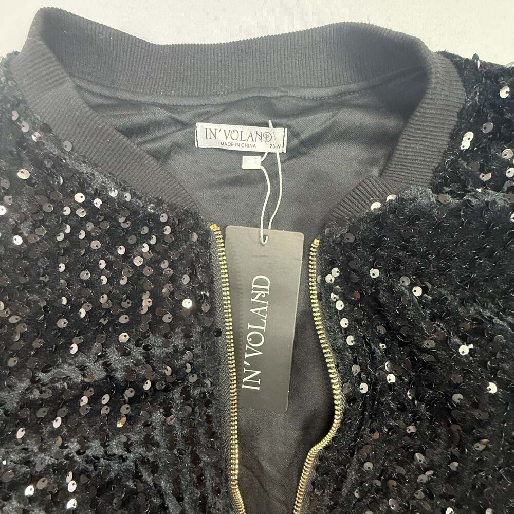 IN'VOLAND Women's Plus Size Sequin Bomber Jacket Black 20W - Picture 2 of 9
